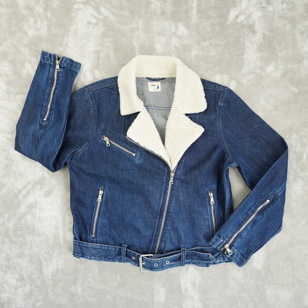 Gap Sherpa Collar Denim Moto Jacket Womens Large Blue Biker Asymmetrical Outdoor